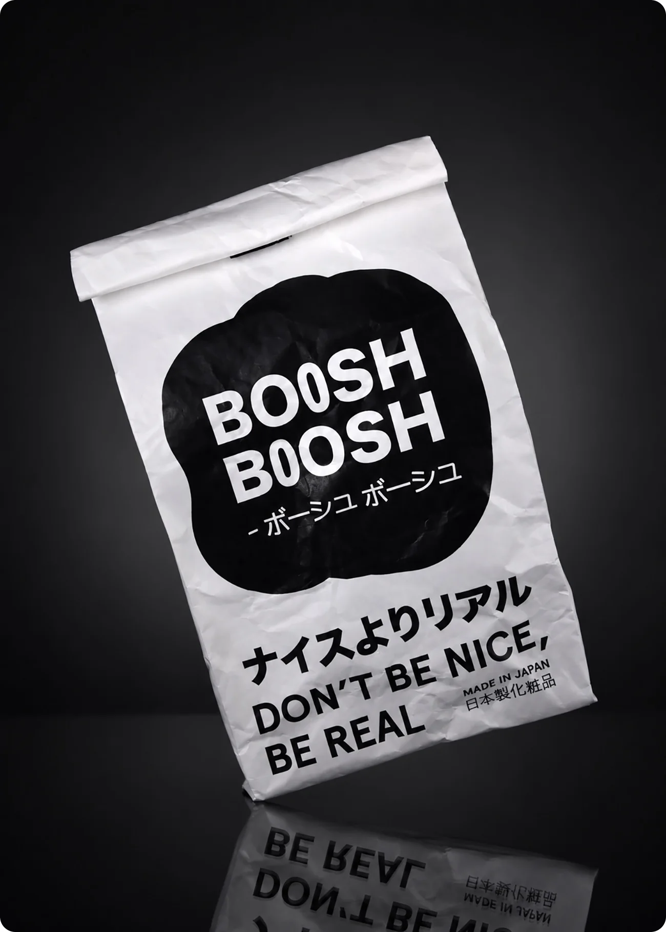 Готовий ланчбег BOOSH BOOSH із Tyvek на чорному тлі: Don’t be nice, be real