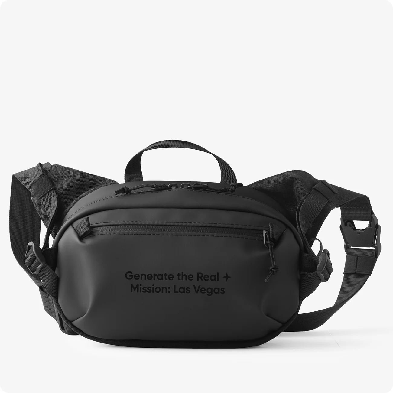 Фінальний варіант брендування: тиснення «Generate the Real ✦ Mission: Las Vegas» на водонепроникній сумці
