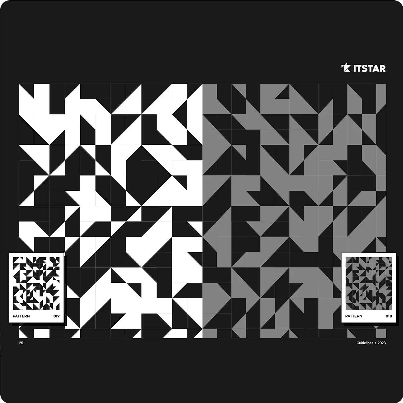 Сторінка брендбуку ITSTAR із геометричними патернами 017 та 018