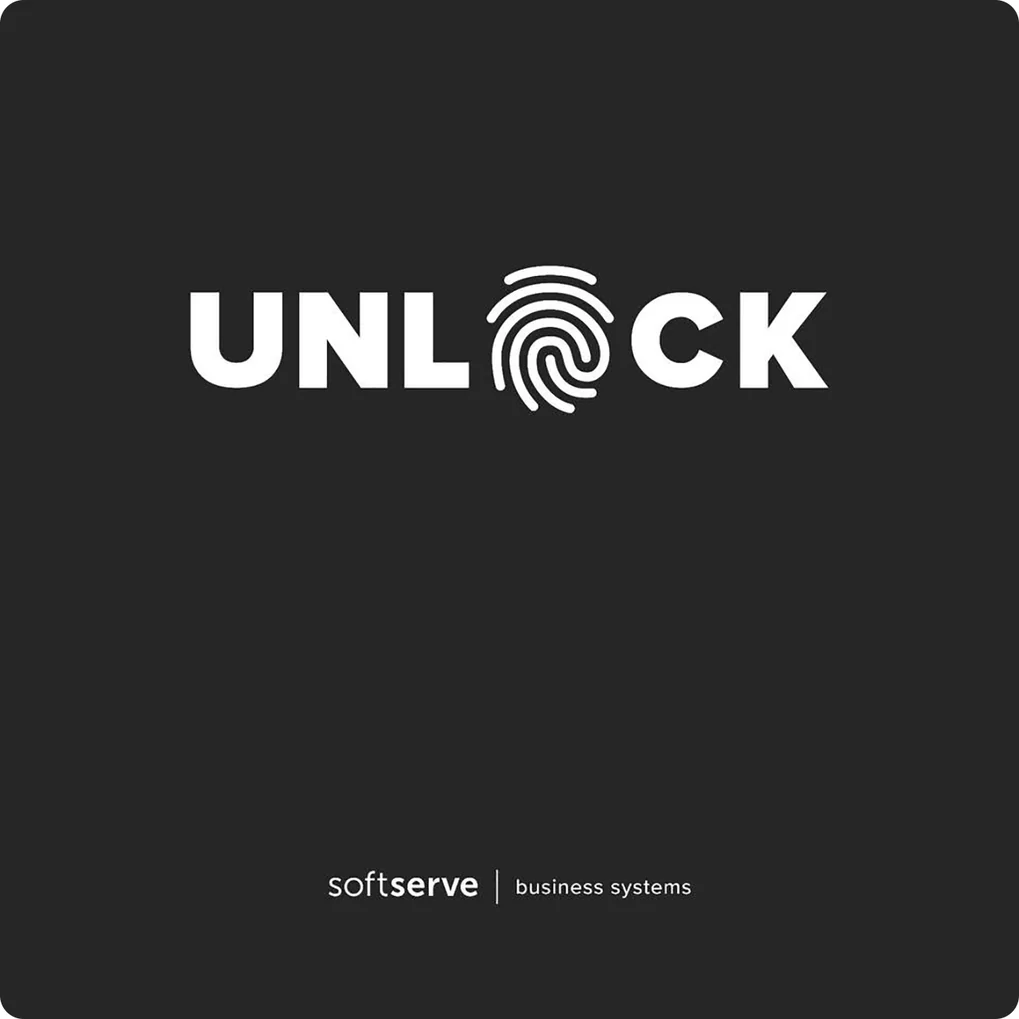 Візуалізація принта UNLOCK з логотипом softserve | business systems на темному тлі