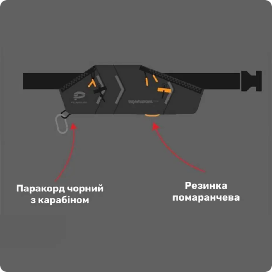 Проміжний варіант фурнітури: чорний паракорд із карабіном і помаранчева гумка